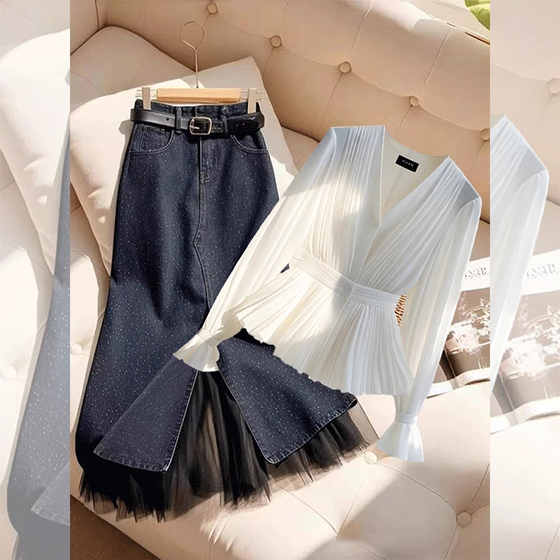 设计感拼接网纱半身裙女款2025春季新款a字裙时尚百搭超好看套装