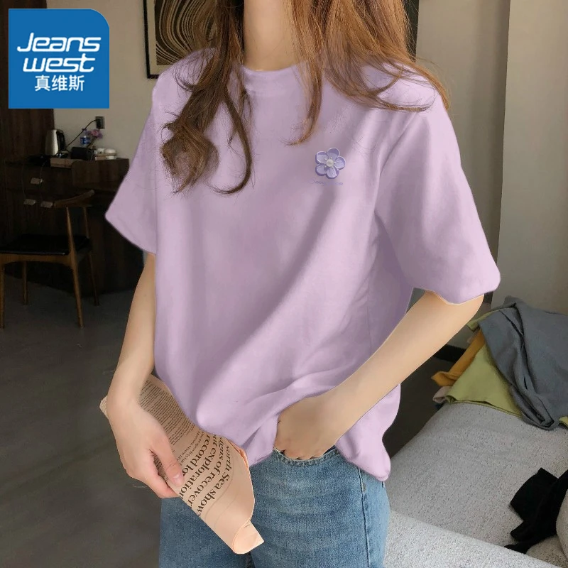 真维斯 通勤短袖ins圆领T恤打底衫简约韩版白色印花半袖休闲