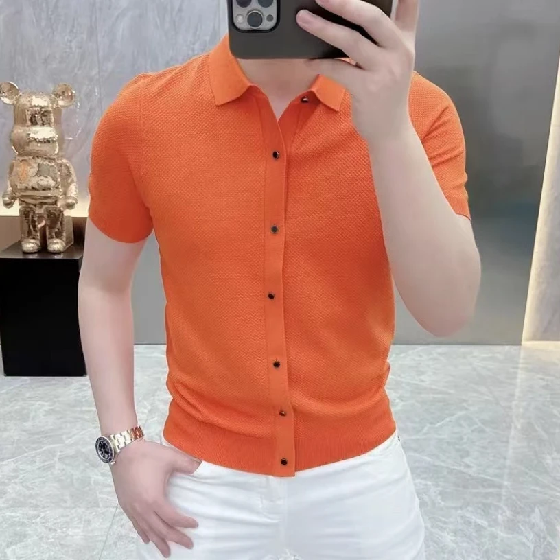 欧货轻奢短袖POLO男士针织冰丝半袖百搭夏季修身纯色翻领上衣6202