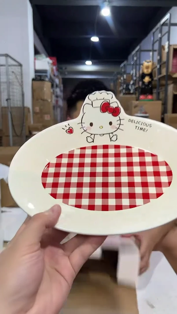 瓷片原盒kt猫红格子餐盘