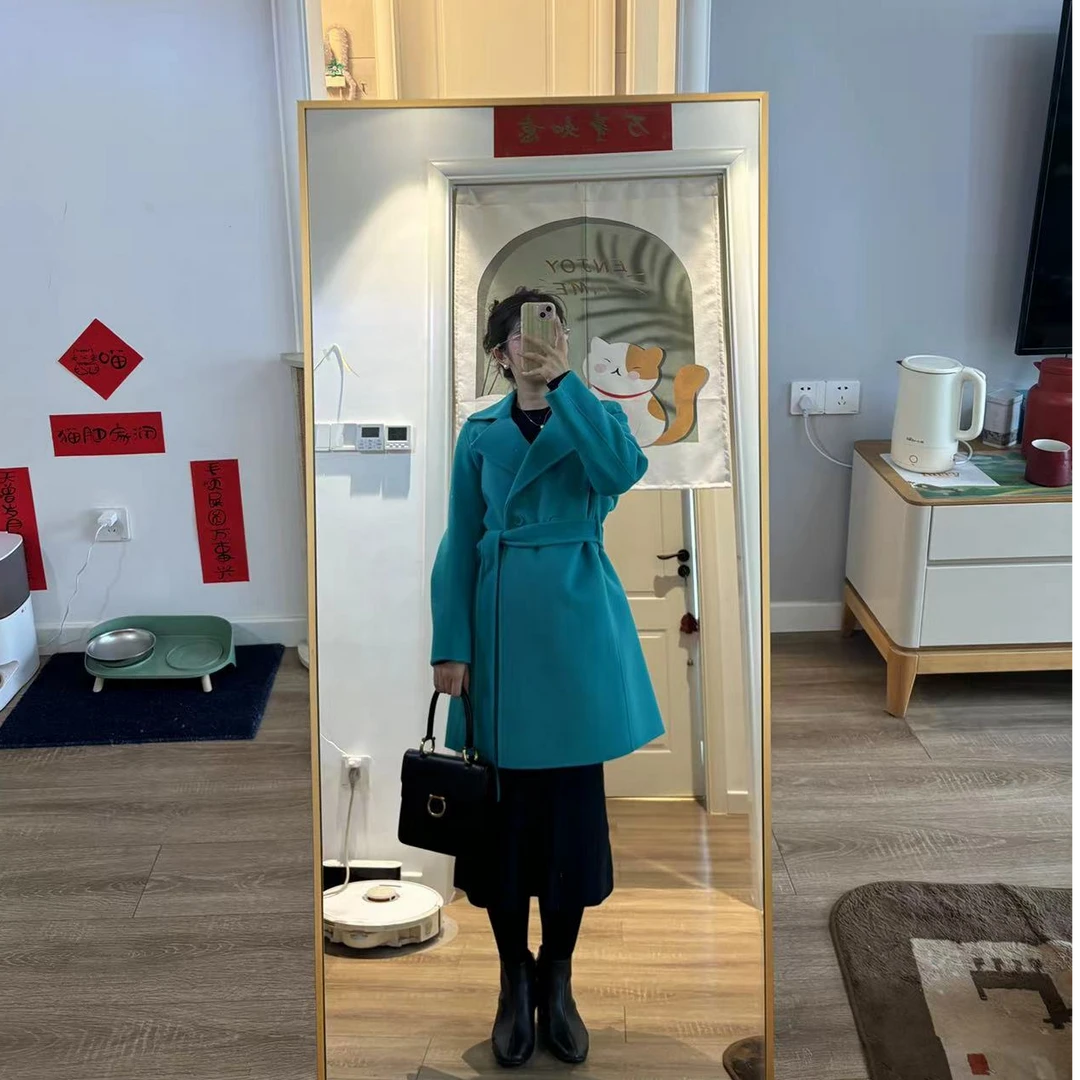 双面尼大衣中长款修身腰带款时尚气质百搭女士双面呢