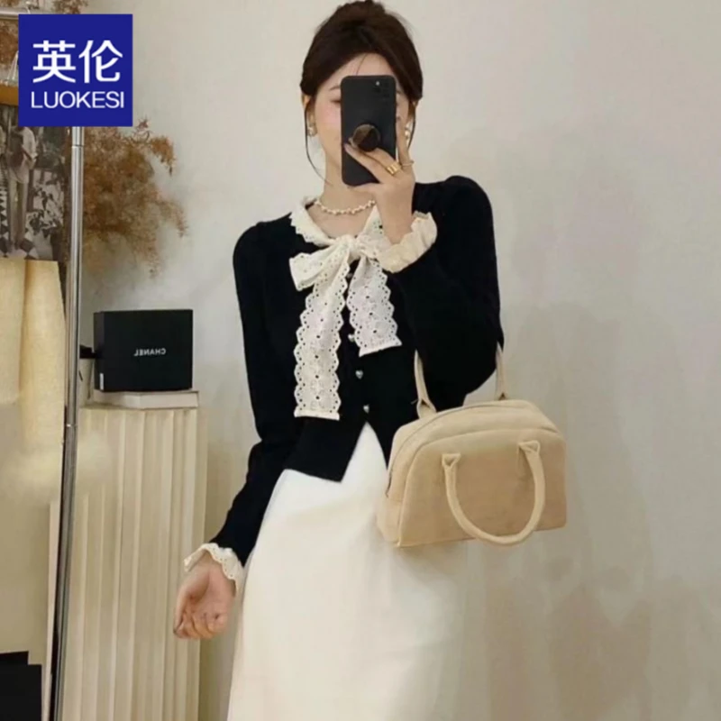 【现货H】新款法式蕾丝花边蝴蝶结针织衫秋百搭内搭打底毛衣开衫女