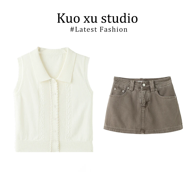 老钱风女装夏季polo领针织背心修身显瘦短款上衣高腰a字半身裙