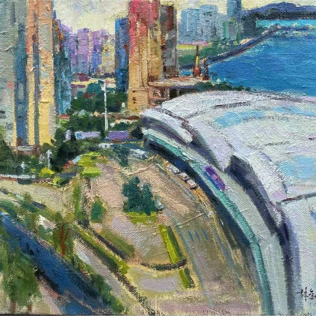 林金钗/《邮轮码头》/65x80cm/手绘/布面