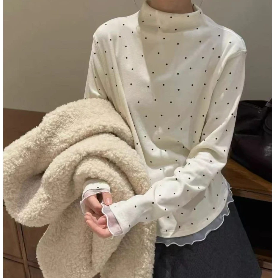 【慧美家】新款波点半高领德绒花边拼接长袖打底衫4352