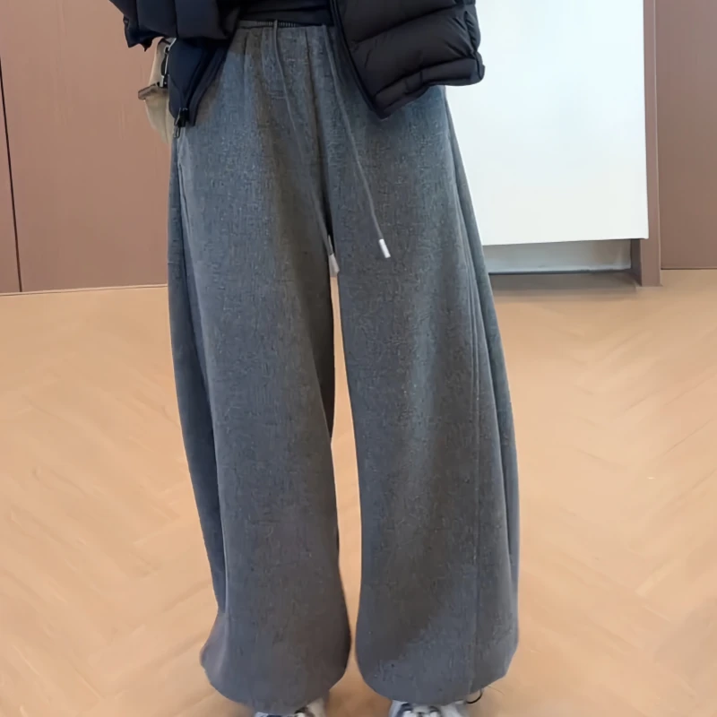 秋冬慵懒风阔腿纯色气质时尚风女高腰加绒大码胖mm显瘦垂感休闲裤