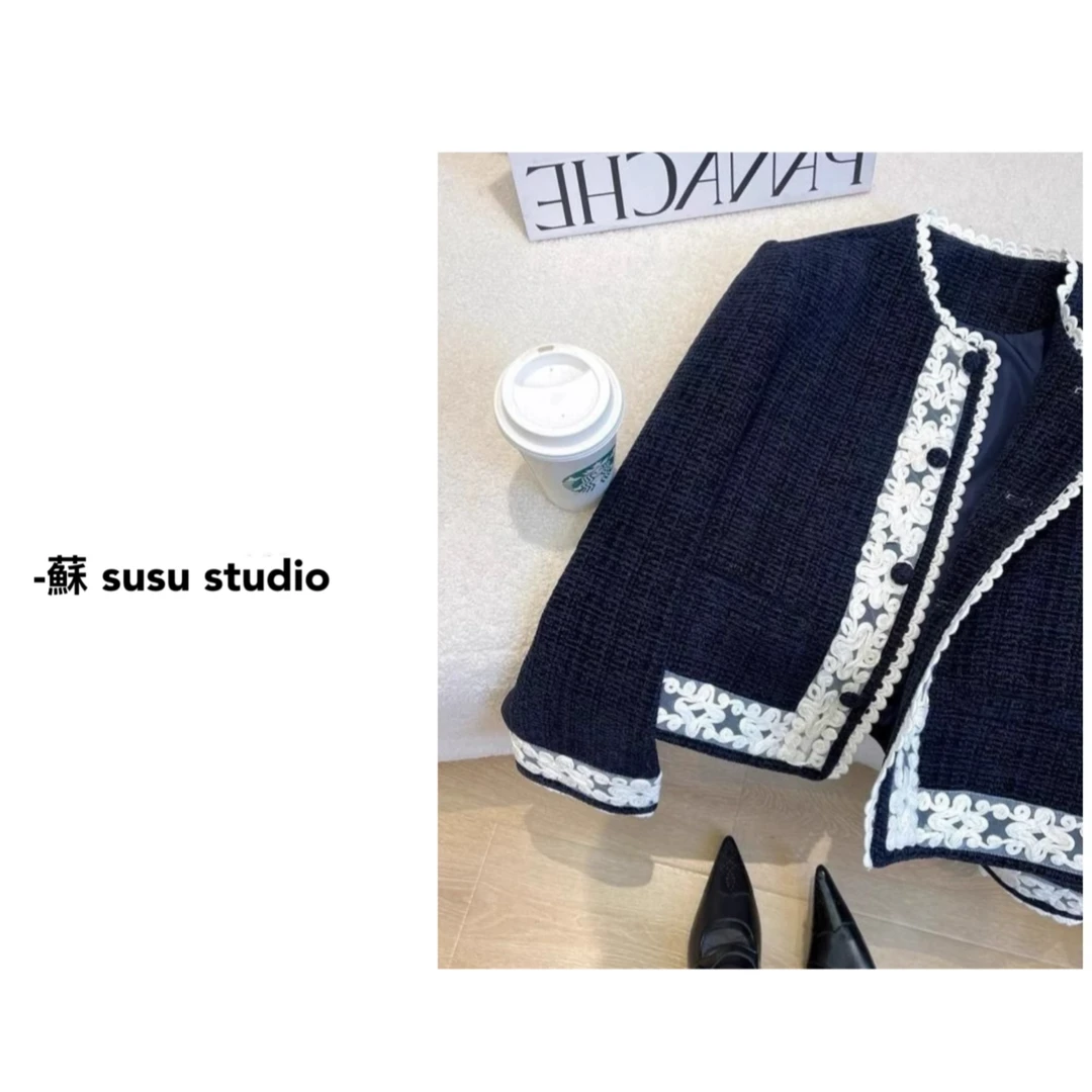 小香风外套女短款2025春装新款韩国东大门设计感蕾丝拼接气质上衣