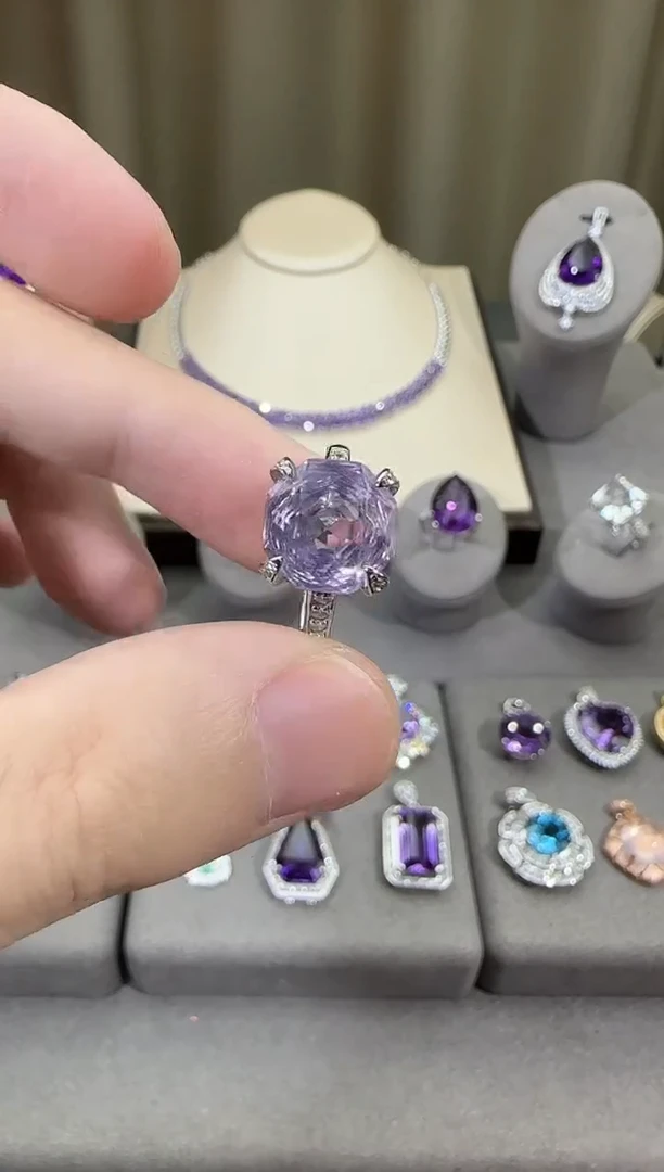 银S925镶嵌戒指水晶10mm薰衣草戒指