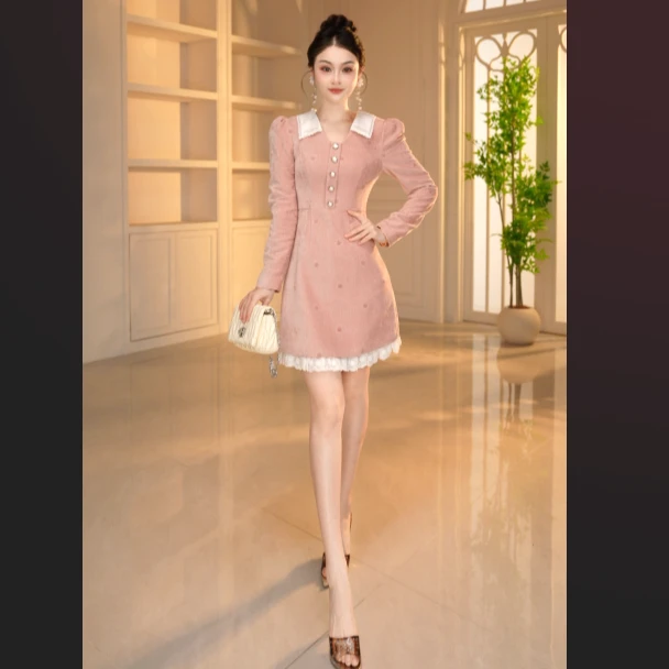 【显瘦定制】法式甜美泡泡袖高腰连衣裙修身女装秋季设计师61312