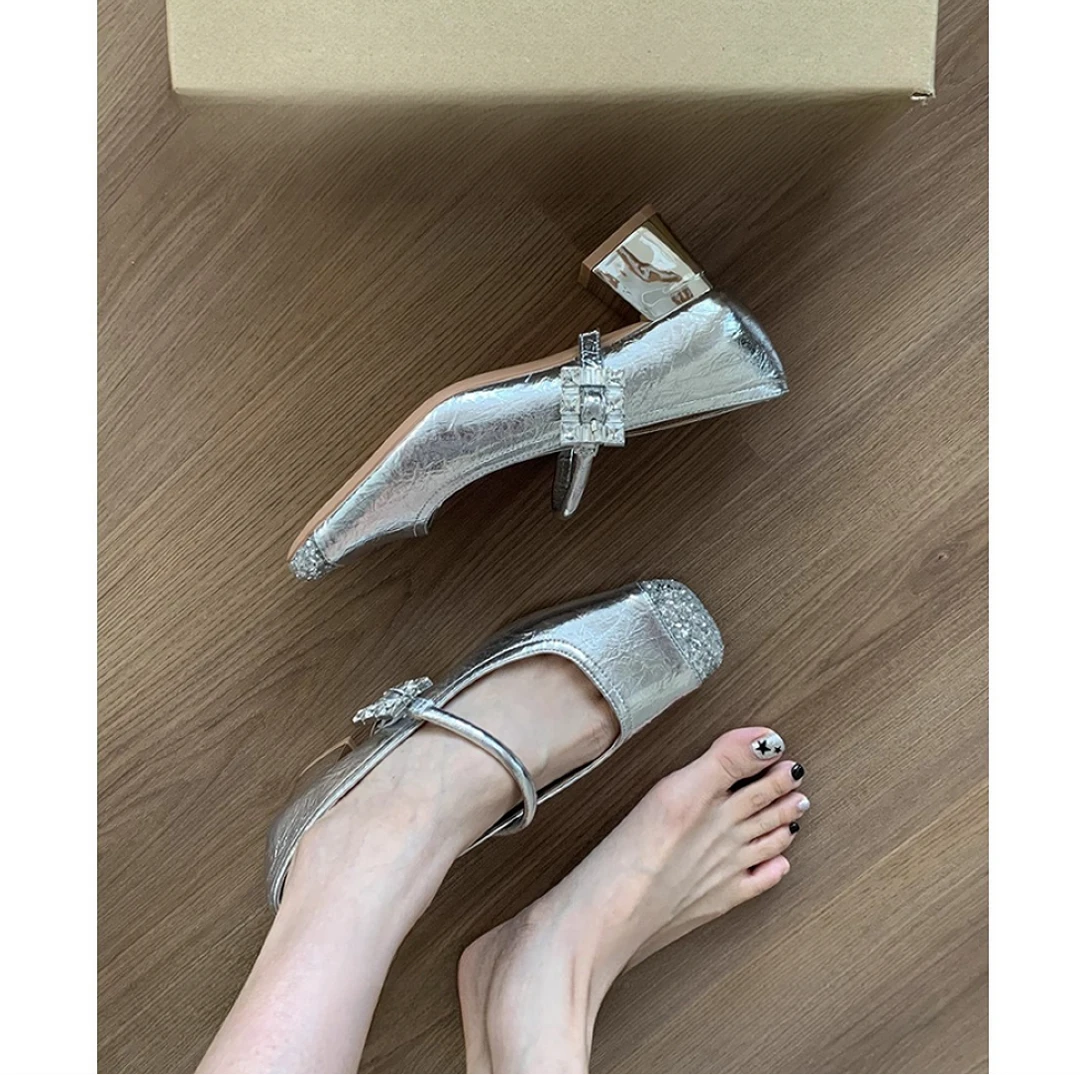 法式玛丽珍5cm粗跟银色浅口玛丽珍女鞋2025春秋新款配裙子单鞋