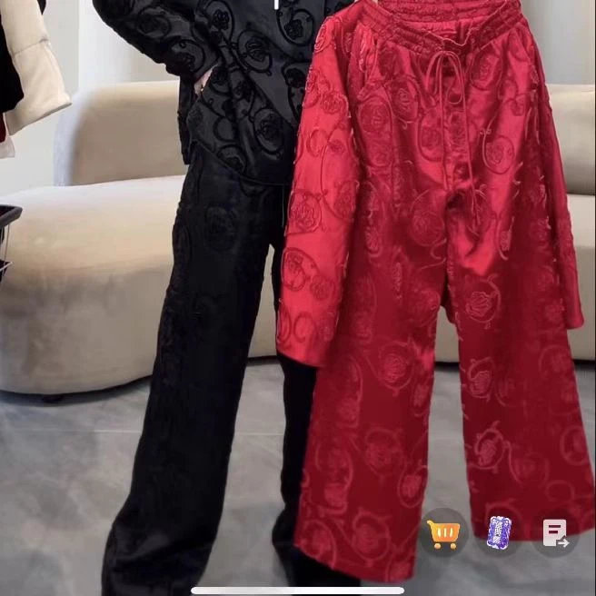 QNH-醋酸手摇绣系腰直筒阔腿裤