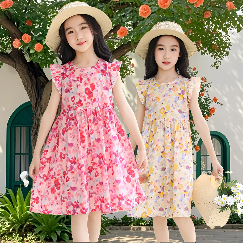 夏季新款女童儿童洋气小女孩连衣裙宝宝中大童沙滩裙碎花儿童睡衣