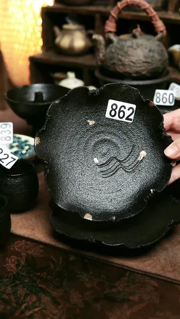 862号紫砂全手工黑金花边壶承