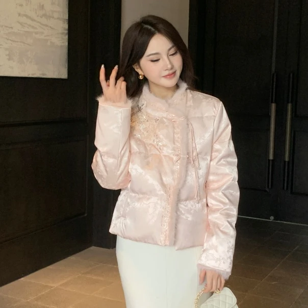冬季新中式国风加棉加厚棉衣女时尚气质网红百搭保暖水貂棉服外套