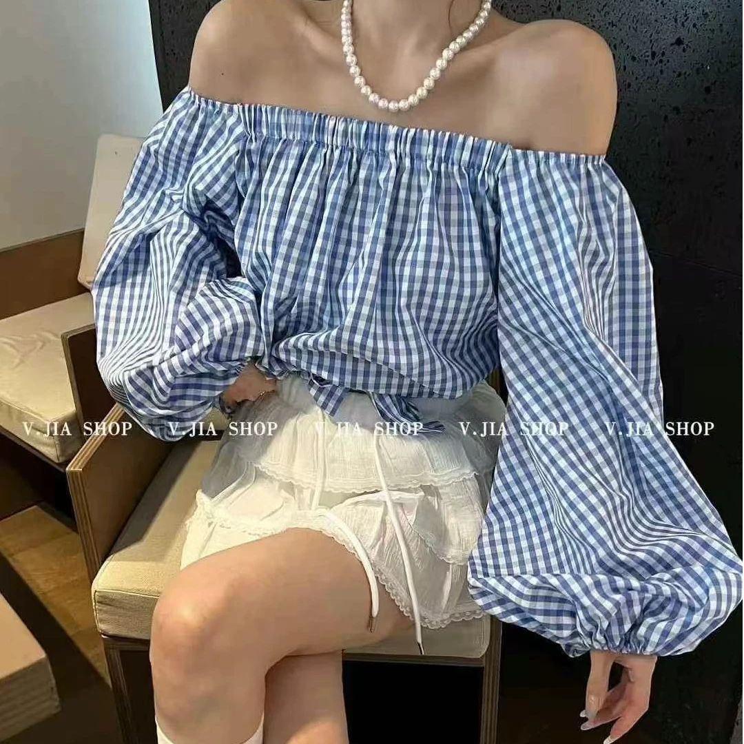 新款宽松百搭显瘦性感一字肩露锁骨格子衬衫上衣