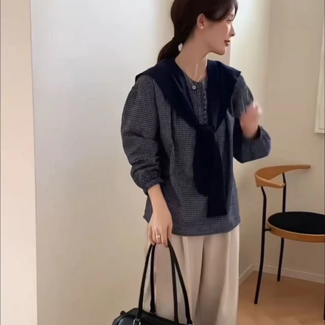 2270复古学院风 针织披肩慵懒格纹衬衣
