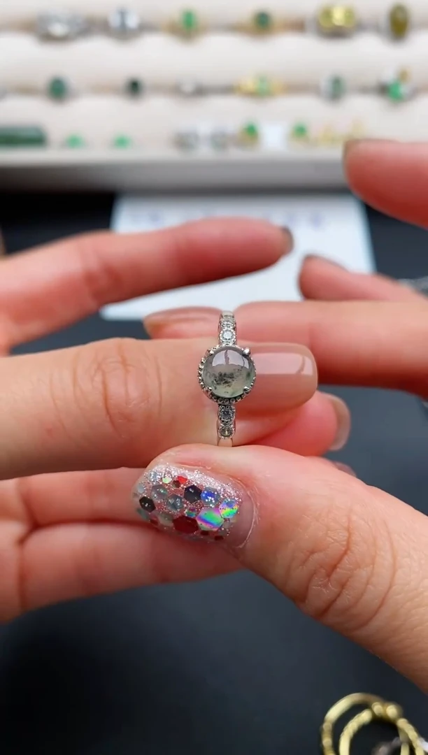 银S925镶嵌戒指翡翠缅甸天然A货翡翠11  3-5