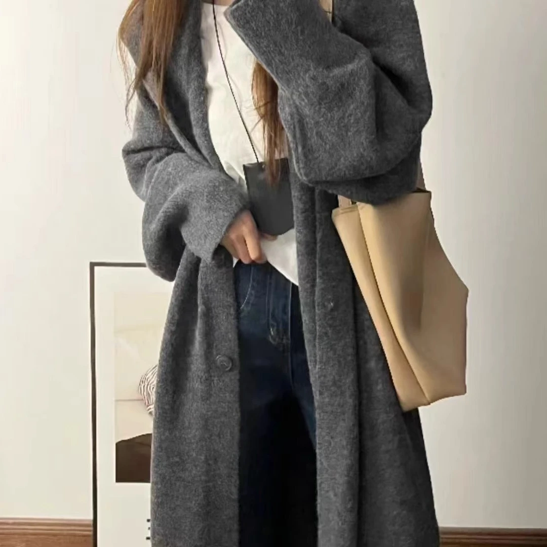 2025连帽外套女宽松慵懒气质中长款针织开衫时尚百搭网红灰色999