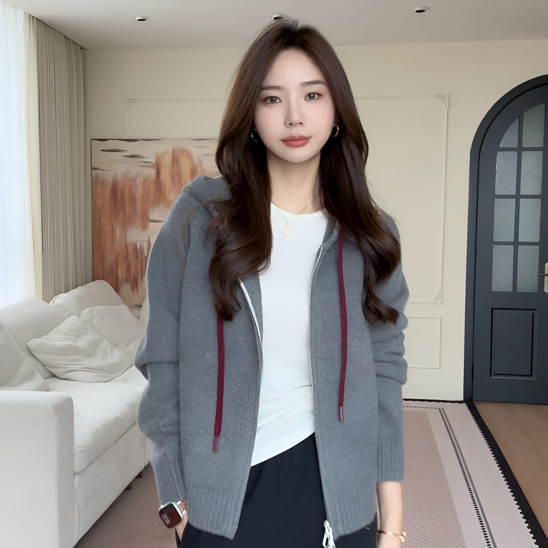 【余欢欢】秋季百搭通勤显瘦连帽双拉链针织-YHW50685