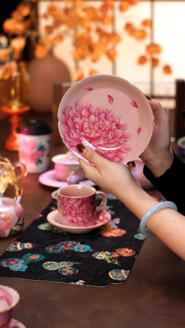 瓷也粉汝描金牡丹花边壶承