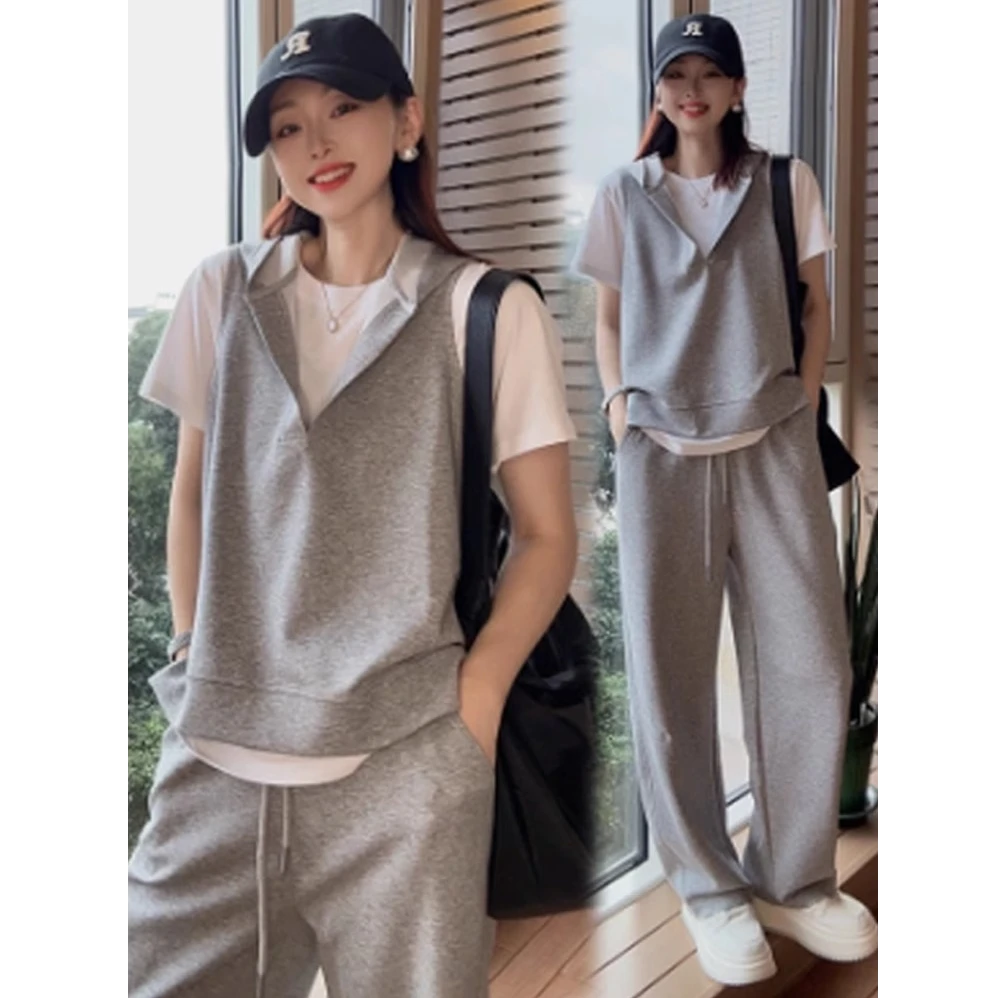 休闲套装女2025夏新款时髦洋气短袖T恤连帽马甲运动裤显瘦三件套