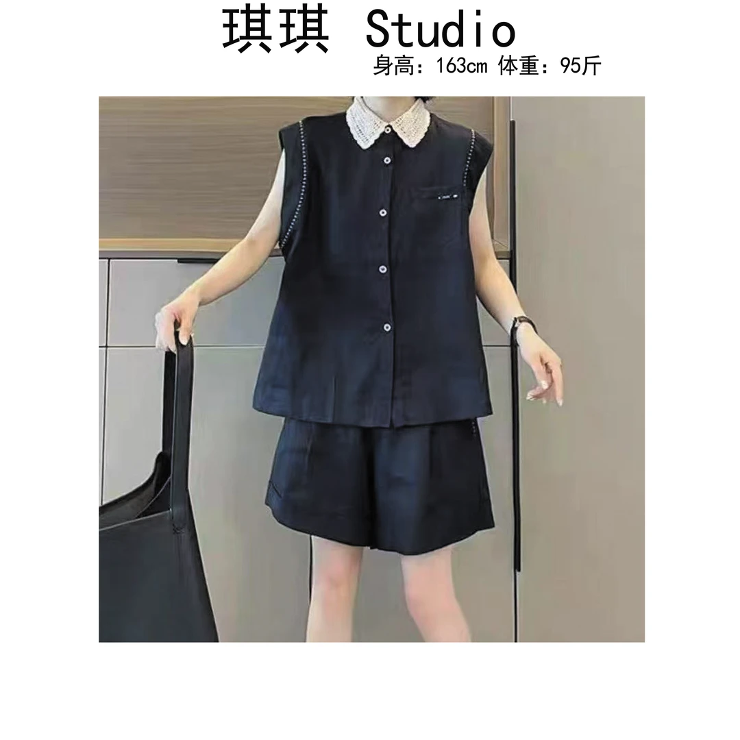 《琪琪家》夏季新款重工设计感拼接翻领明线上衣短裤减龄两件套-O