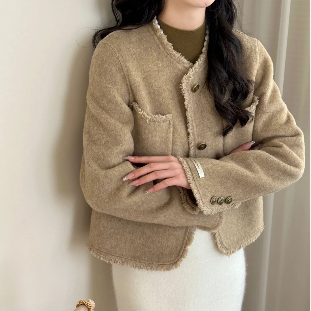 韩版纯色流苏百搭短款毛呢外套8053茶驼色