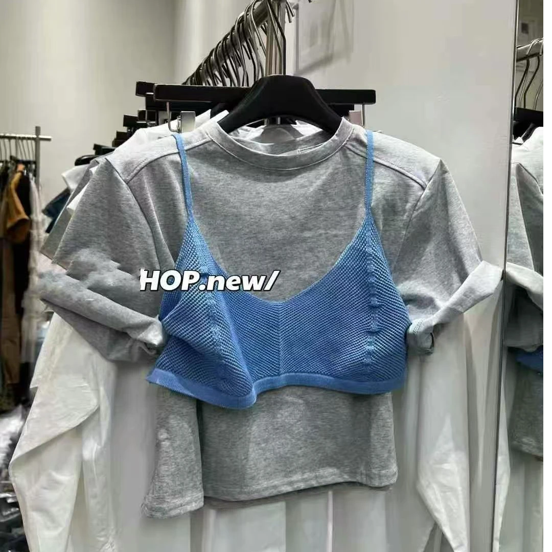 悠悠 韩系小个子甜美减龄短袖T恤+针织吊带休闲叠穿两件套女