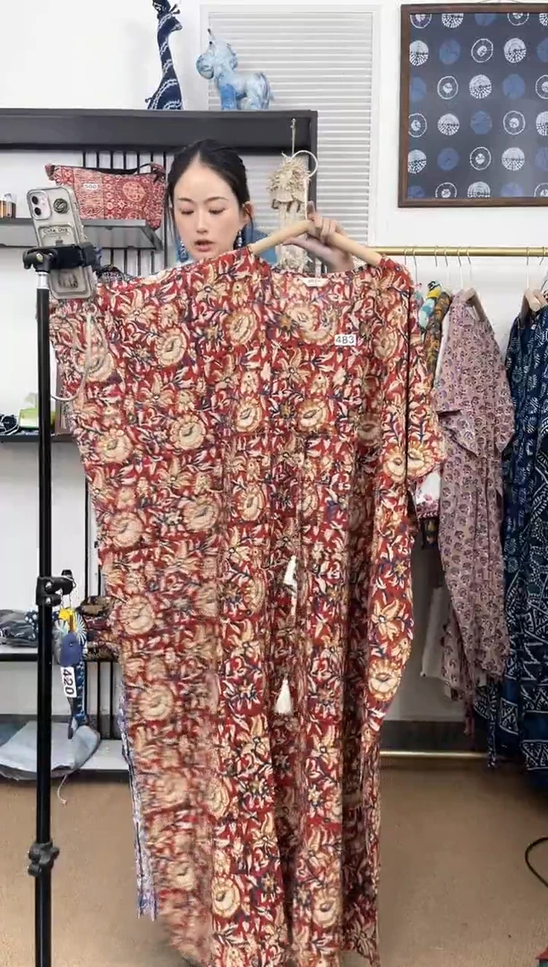 【闪购商品】483印度长绒棉拓印彩色卡夫坦130cm