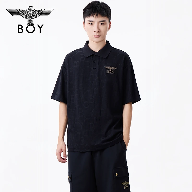 BOYLONDON春夏父亲节礼物POLO衫黑色字母暗纹提花短袖T恤N01915