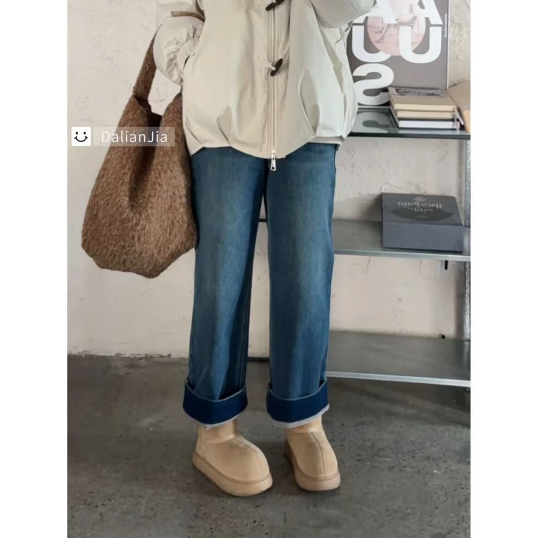 晶咕佳佳【牛仔幻想】猫抓纹高光磨白宽边直筒牛仔裤显瘦休闲百搭
