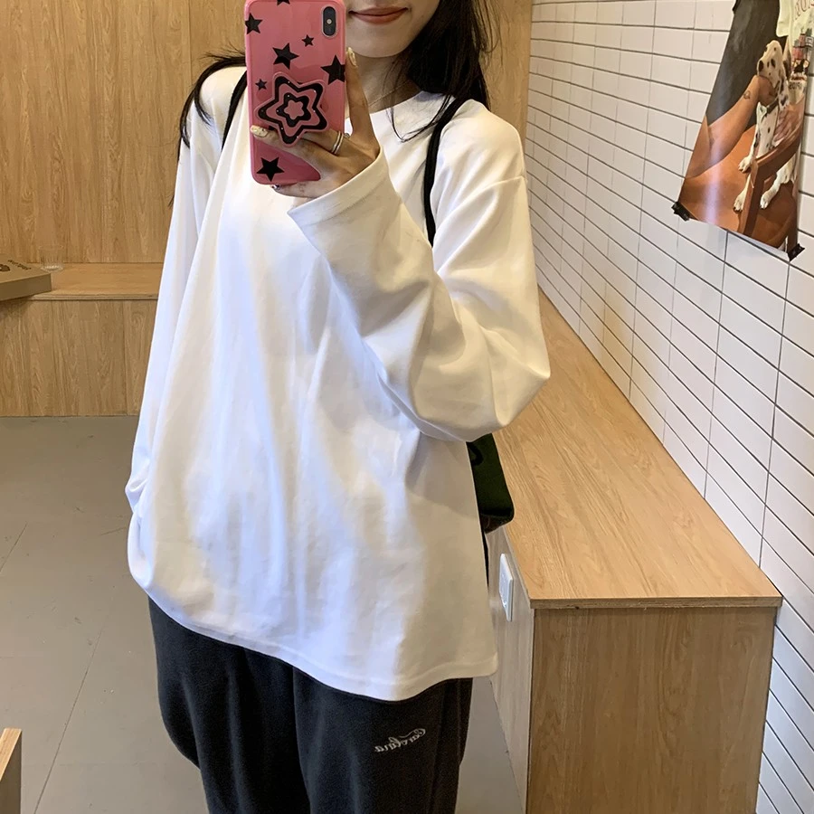 情侣款长袖纯色圆领韩版纯棉T恤简约内搭中长款春秋季长袖打底