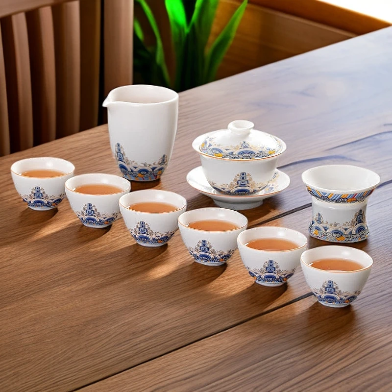 中式高档创意简约轻奢珐琅彩家用陶瓷三才盖碗主人杯描金茶具套装