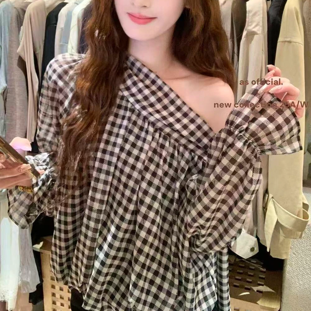 系带少女风薄款绑带针织格纹衬衫时尚露肩夏季
