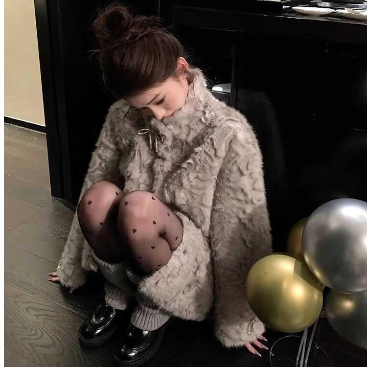 人造皮草 冬季女暗扣外套蝴蝶结立领中长款网红少女保暖外套