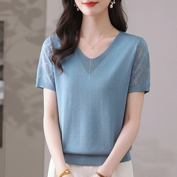 春竹世家夏季清凉V领100%天丝莱赛尔镂空透气气质宽松短袖T恤衫