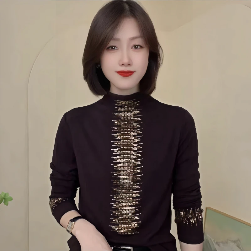 秋冬新款半高领修身打底衫时尚百搭长袖上衣女装德绒保暖创意镶钻