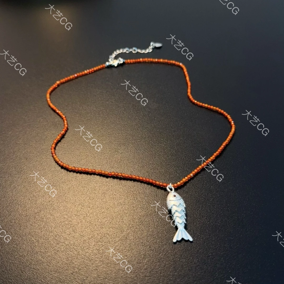 钛钢仿水晶项链 橙色小米珠项链复古鱼吊坠民族风配饰NEGlc 0651