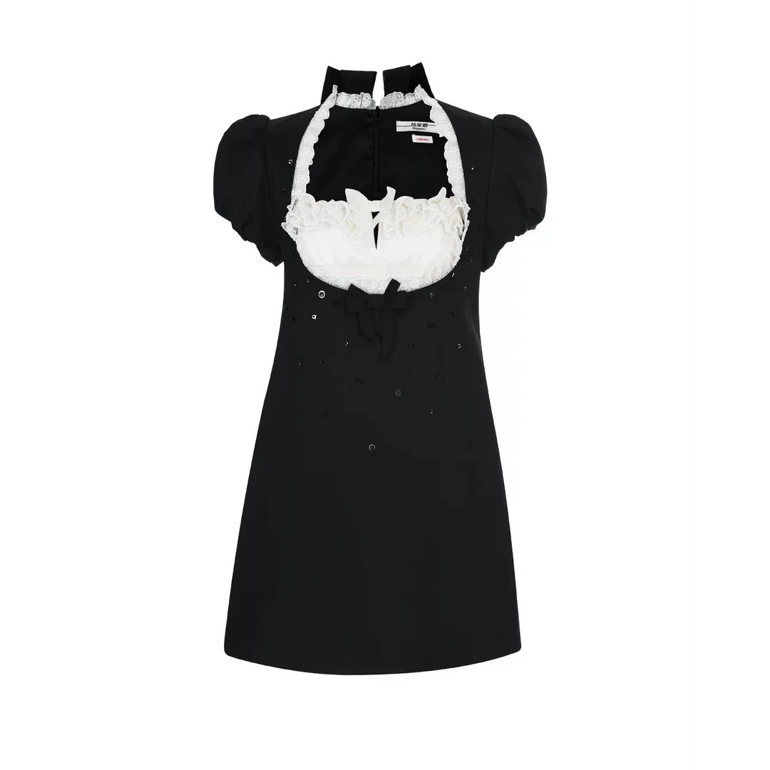 LeFame/拉飞姆2025夏蝴蝶结两件式丝毛短袖连衣裙LF25X02SO289