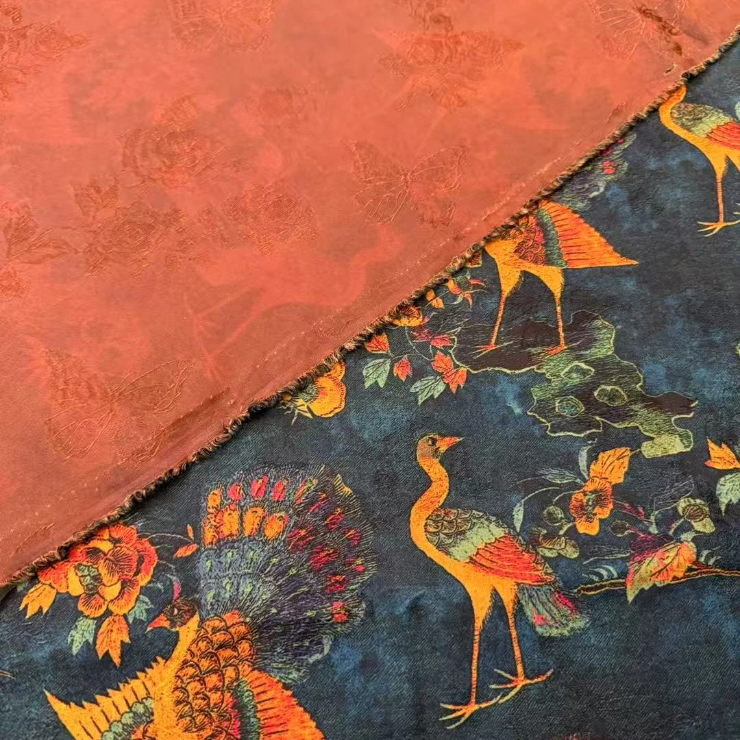 *【莨丝智友】[松鹤长春] 桑波缎提花带罗孔 红云纱 0.5米 lxz1111