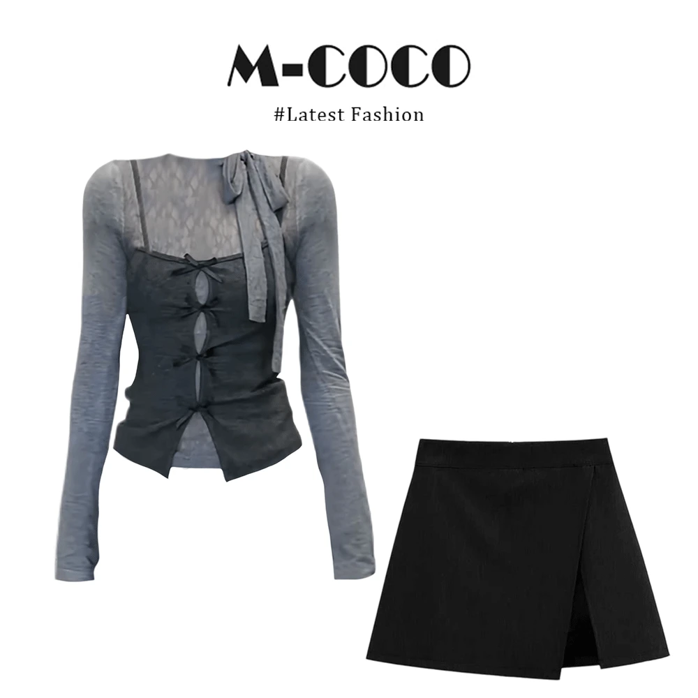 MARIE.COCO格雷系纯欲辣妹灰色假两件长袖T恤上衣不规则短裙套装