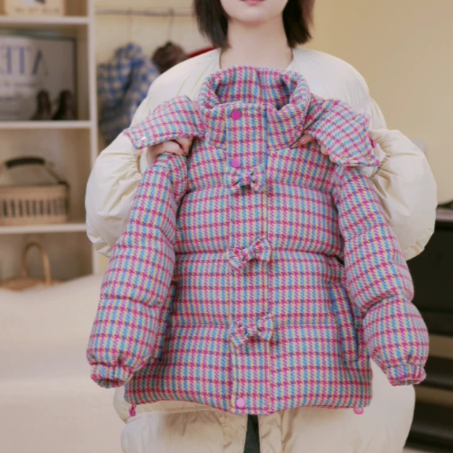 2024冬季新款女童蝴蝶结彩色条纹棉服中大童洋气时尚连帽棉袄外套