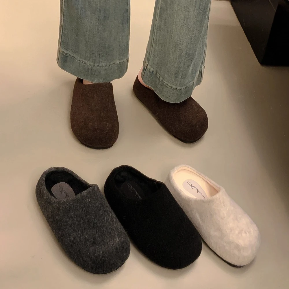 内增高包头半拖毛毛鞋女外穿秋冬新款加绒一脚蹬大头勃肯棉拖鞋子