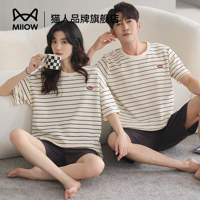猫人短袖新款夏季情侣男士华夫格纯棉女士短裤睡衣休闲家居服套装