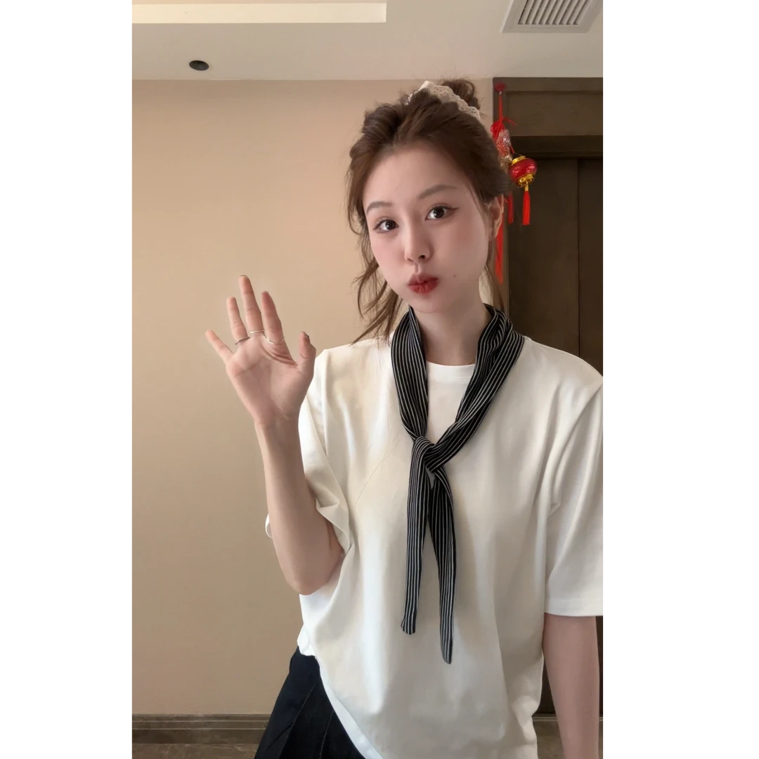 【领结T】2025春夏新款气质百搭夏季韩版系带白T
