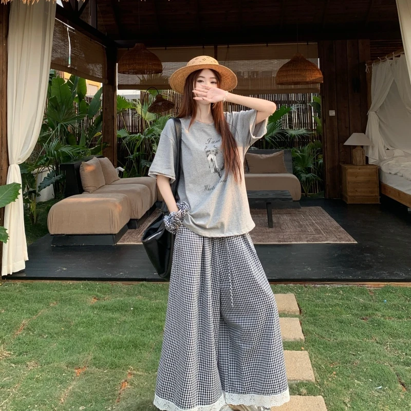 韩系慵懒风印花T恤蕾丝拼接格子阔腿长裤女2025夏季新款时尚套装