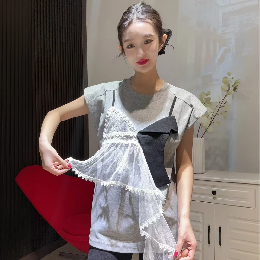 欧货小众设计感假两件拼接荷叶边蕾丝仙仙显瘦半袖28632