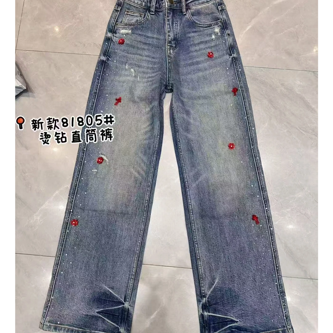 【深圳南油二姐】新中式秋季松紧腰显瘦休闲百搭小花牛仔裤81805