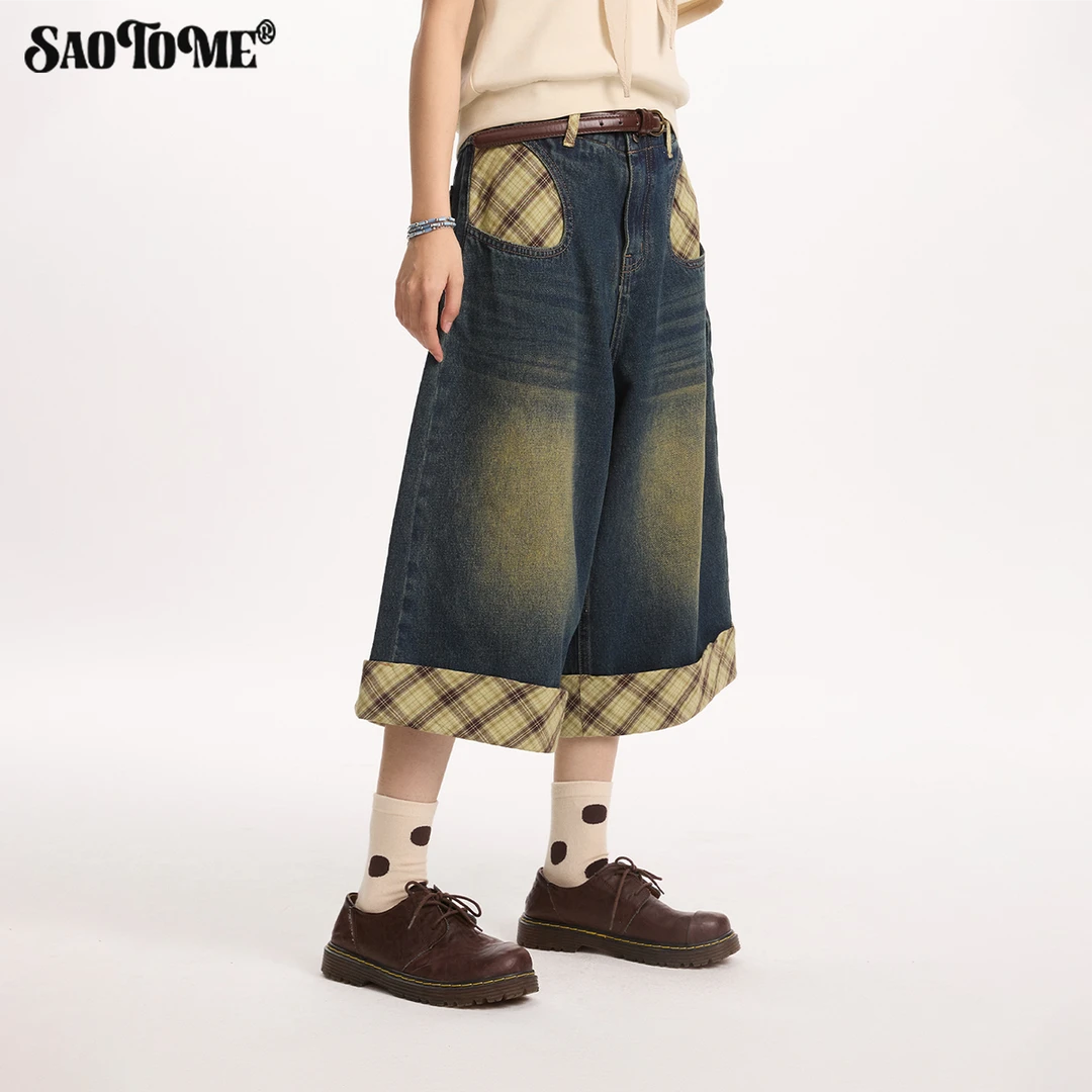 早乙女惠子saotome 复古拼接撞色格纹翻边牛仔阔腿直筒七分裤2203