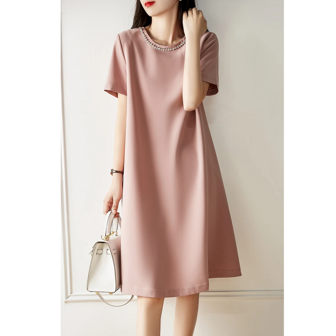 大码服装夏装新款复古设计感连衣裙女烫钻显瘦收腰气质短袖中长裙